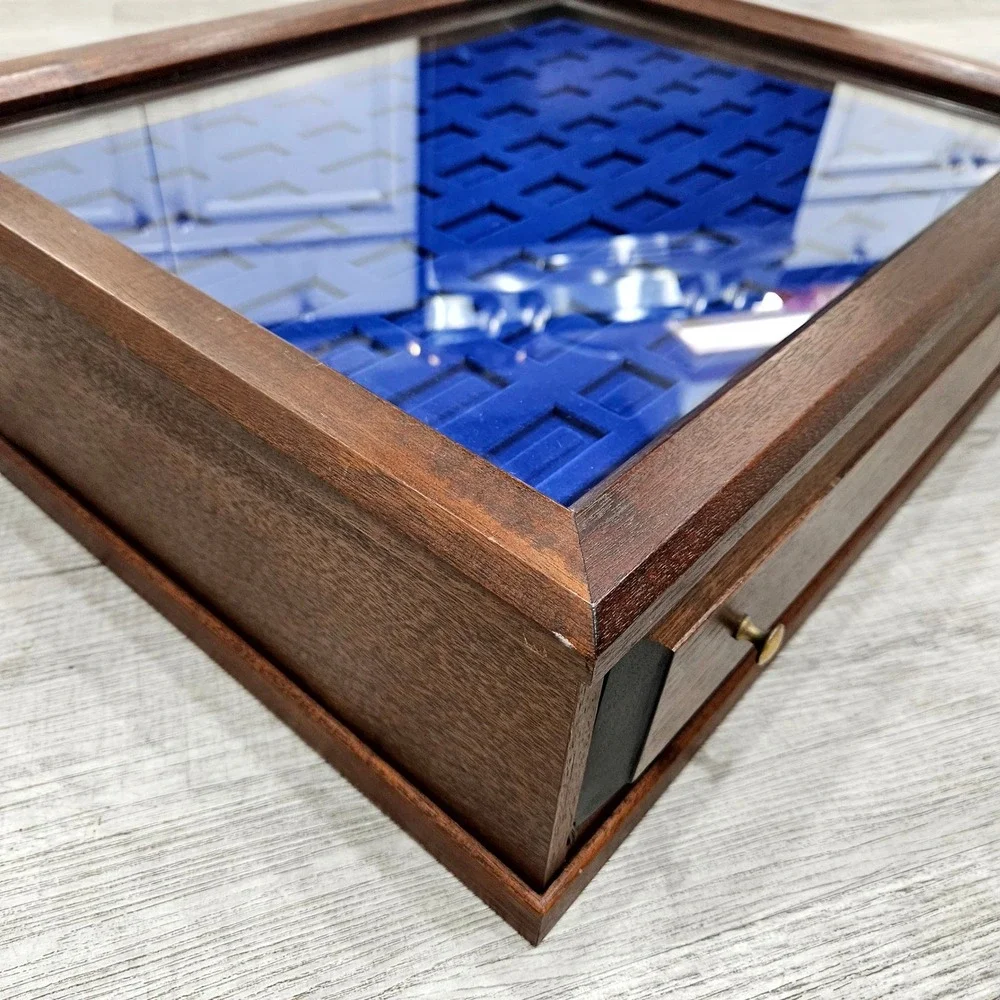 Jewelry Display Case Large Brown Wood Glass Removable 3 Tray Blue Velvet Storage
